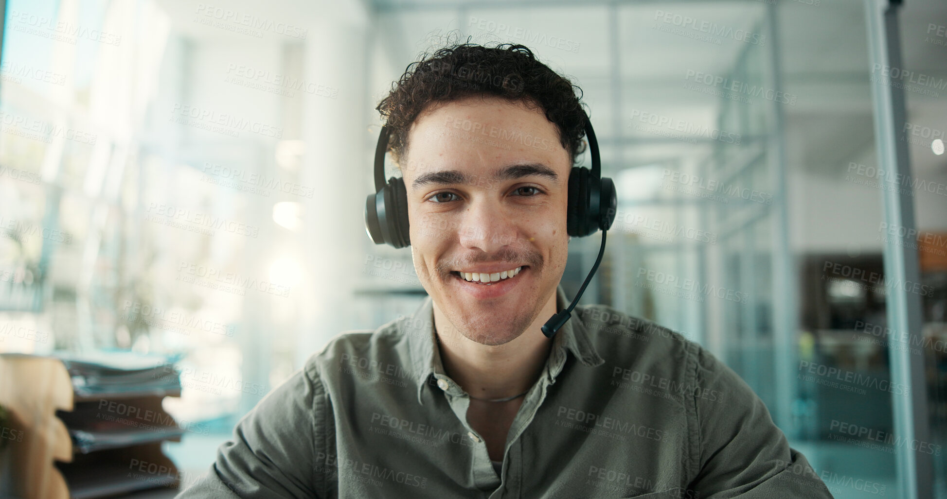 Buy stock photo Portrait, headset and call center with business man in office for virtual advisor, help desk and communication. Consultant pov, technical support agent and smile with person in agency as operator