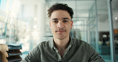 Buy stock photo Portrait, media agency and man in office, confidence and career ambition with pride. Happy, creative company and professional in workplace, copywriting and journalist with publishing and editor
