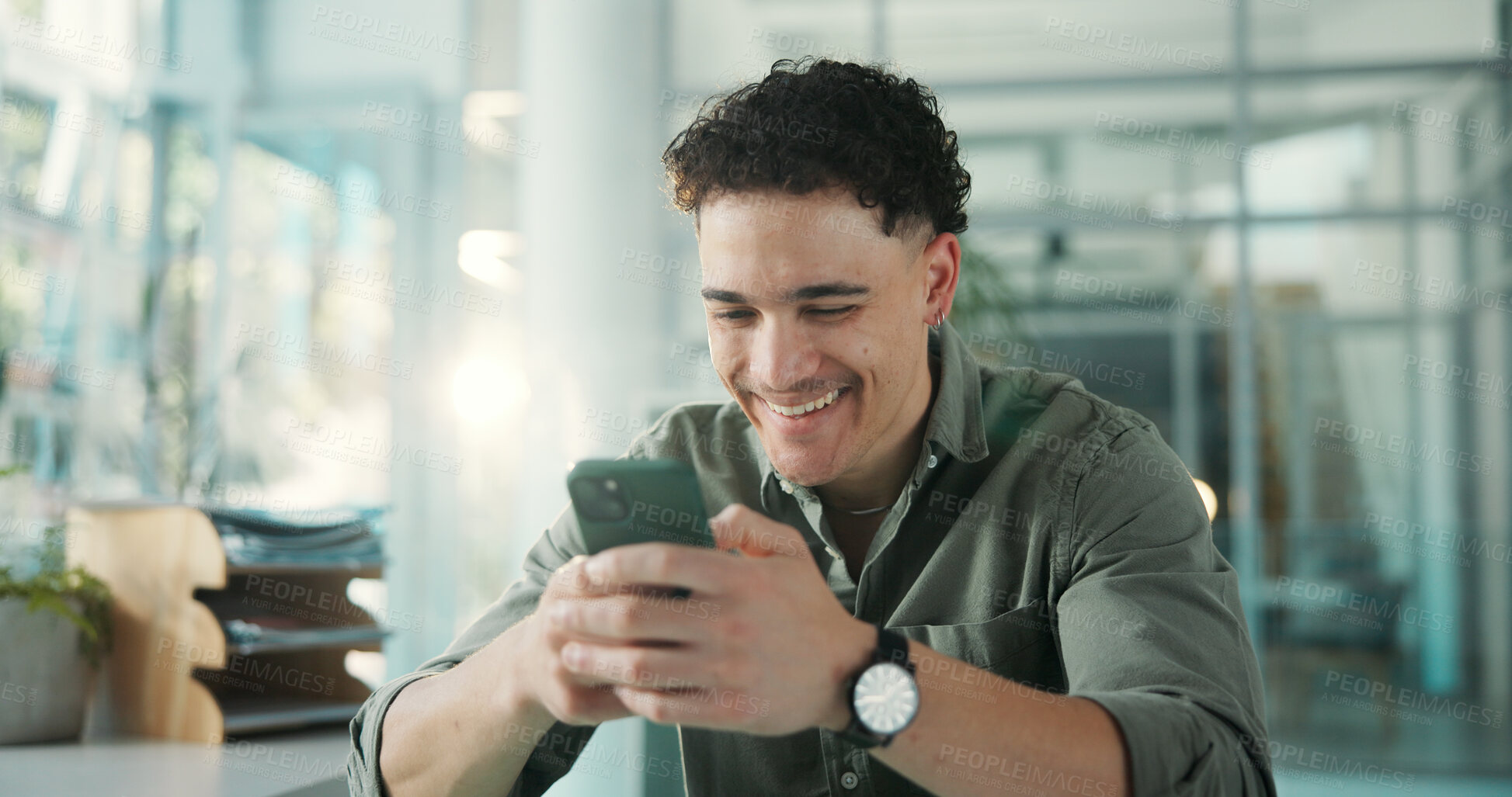 Buy stock photo Break, social network or man with phone in office, watch funny video or reading joke message. Laugh, texting or happy employee with mobile in workplace, check comic blog or browsing internet for meme