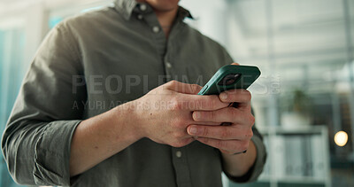 Buy stock photo Typing, phone and hands of business man in office for account advisor, communication and contact. Portfolio report, online review and investor app with person in agency for connection and network