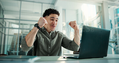 Buy stock photo Excited, man and fist pump in office with laptop for viral marketing campaign, success or milestone. Person, smile or celebration with computer for digital advertising goal, achievement or good news.