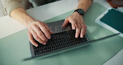 Buy stock photo Top view, typing or hands in office with laptop, research or online communication on email app. Keyboard, person or employee in agency with tech, internet search or connection on digital platform.