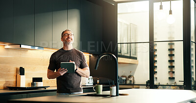 Buy stock photo Thinking, man and smile with tablet at house for research, proofreading and article submission. Mature person, freelancer and digital for editor feedback, update draft and ideas for story publication