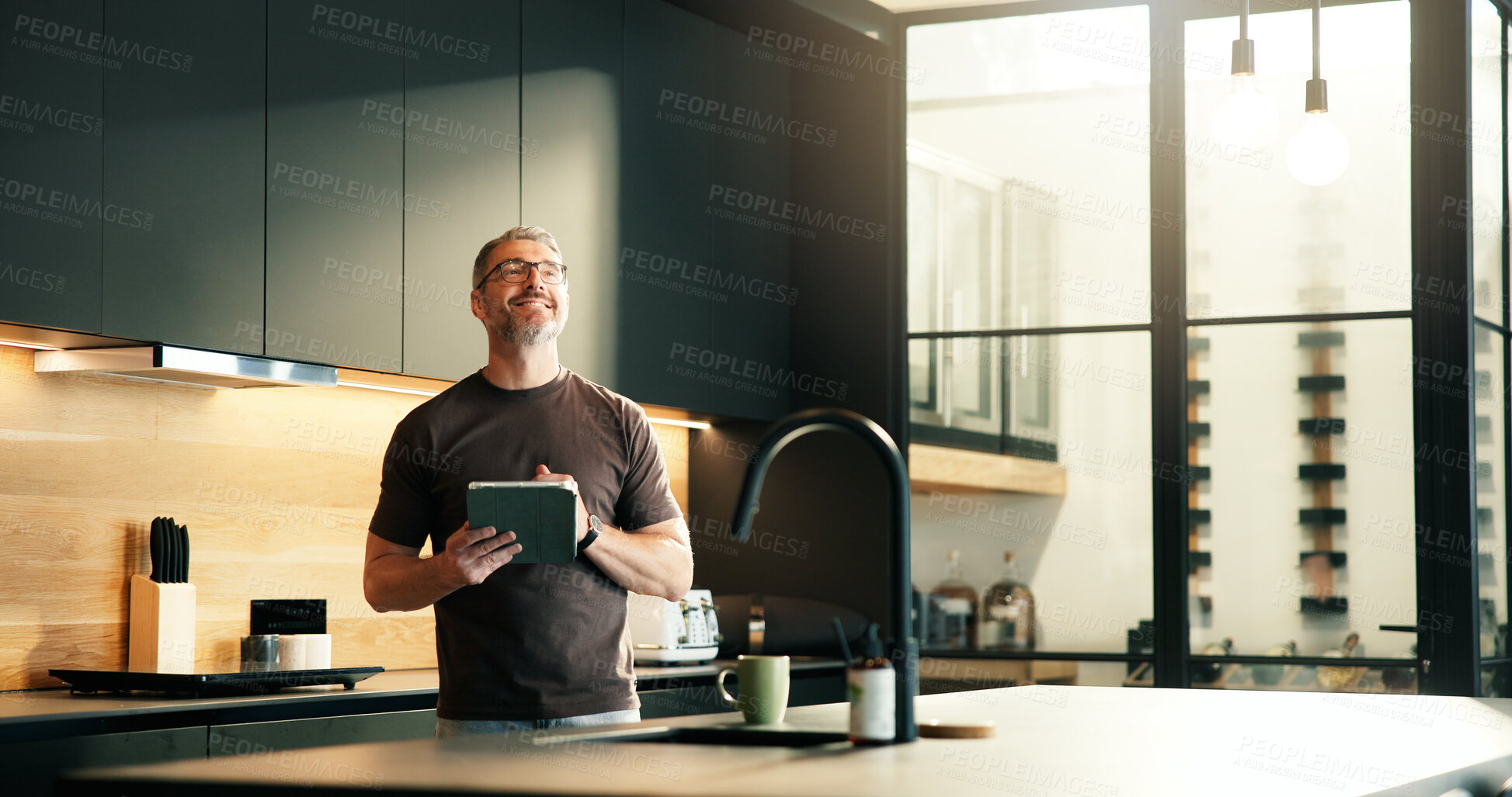 Buy stock photo Thinking, man and smile with tablet at house for research, proofreading and article submission. Mature person, freelancer and digital for editor feedback, update draft and ideas for story publication