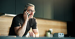 Conversation, phone call and man with smile in kitchen, listening and communication for networking. Contact, chat or mature person with mobile app for discussion in home, relax or internet connection