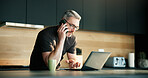 Phone call, review or man in house with laptop, source contact or magazine update in remote work. WFH, mature or journalist in kitchen with tech, networking or story pitch for digital publication.