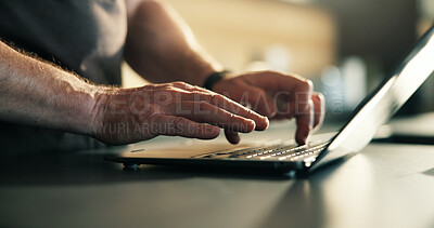 Buy stock photo Hands, man and typing on tablet at house for research, proofreading and article submission. Male person, freelancer or digital for editor feedback, update draft and verify source of story publication