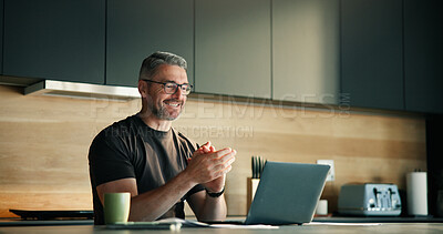Buy stock photo Mature man, applause and laptop at house with good news, financial freedom and lotto winner. Smile, male person and clapping hands with pc for giveaway announcement, finance success and loan approval