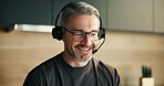 Remote work, headset and mature man in home for telemarketing, outbound call and lead generation for sales. Audio tech, online contact and agent with offer for clients, product and service promotion