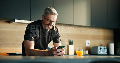 Buy stock photo Happy man, scroll and browsing in home with phone, social media notification and text message update. Mature person, typing and smile with tech in house for news feed, online communication and chat.