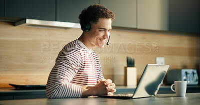 Buy stock photo Headset, laptop and happy man in kitchen for remote work, tech support or online assistance. Computer, freelancer and IT consultant in home for help with software hotline, advice or customer service