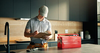 Buy stock photo Man, technician and writing on clipboard at house for inspection, plumbing evaluation or report. Male person, toolbox and checklist for home maintenance, diagnostic notes and service costs of repairs