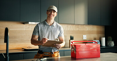 Buy stock photo Portrait, man and plumber with clipboard at house for inspection, plumbing evaluation or report. Male person, toolbox and checklist for home maintenance, diagnostic notes and service costs of repairs