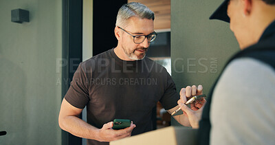 Buy stock photo Delivery, package and phone payment with man at front door of home for receipt of online order. Box, courier and retail transaction with customer at entrance to apartment for ecommerce shipping
