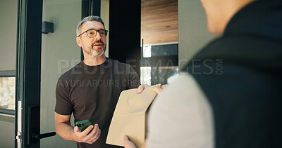 Buy stock photo Delivery, package and phone with man at front door of home for receipt of online order in bag. Courier, parcel and retail shipping with customer at entrance to apartment for ecommerce purchase