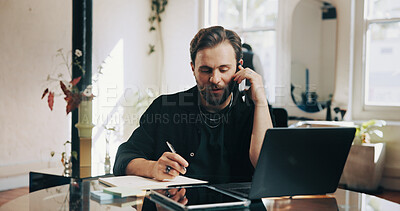 Buy stock photo Hairdresser, phone call and man on laptop with notebook for online inventory, appointment and schedule. Hair stylist, computer and person for planning, calendar and client info for booking service