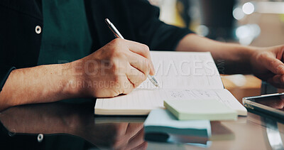 Buy stock photo Man, hands or writing with book for business schedule, notes or reminder on office desk. Closeup, male person or checklist with diary, notebook or to do list for agenda, tasks or project in workplace