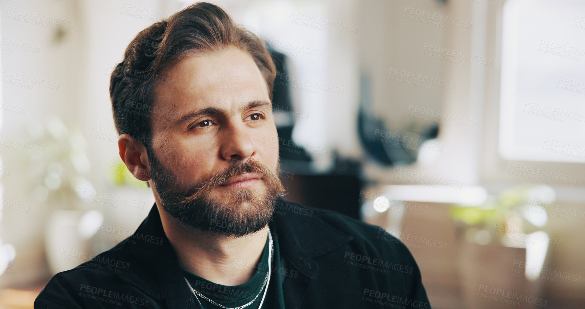 Buy stock photo Thinking, entrepreneur and man in barbershop, serious or planning for business development or future. Startup, vision and reflection for career growth, confident and person with ideas for hair salon