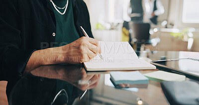 Buy stock photo Man, hands or hairdresser writing with book in salon for schedule booking, appointment or checklist. Closeup, male person or beautician checking diary with notes for reminder in beauty parlor or shop