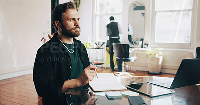 Buy stock photo Planning, entrepreneur and man in barbershop, vision or serious for business development or thinking. Startup, future and reflection for career growth, confident and person with ideas for hair salon