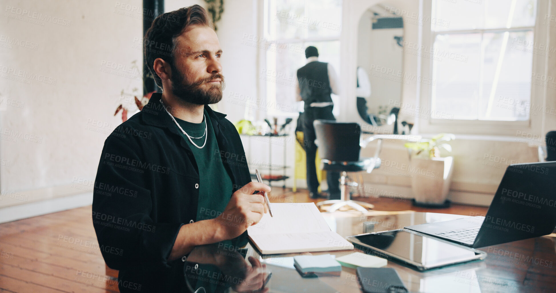 Buy stock photo Planning, entrepreneur and man in barbershop, vision or serious for business development or thinking. Startup, future and reflection for career growth, confident and person with ideas for hair salon