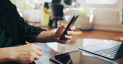 Buy stock photo Phone, hands and man barber in salon with communication for appointment schedule with client. Cellphone, computer and hairdresser with contact, email or connectivity on mobile app at beauty parlor.