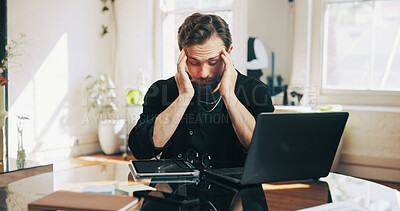 Buy stock photo Man, hairdresser and headache with laptop in salon for mistake, bankruptcy or small business fail. Male person, stress and debt with tablet or computer for financial loss or overworked in parlor