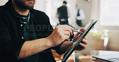 Buy stock photo Hairdresser, salon and hands of man on tablet for online inventory, client appointment and schedule. Hair stylist, stylus and person on tech for planning, calendar and website for booking service