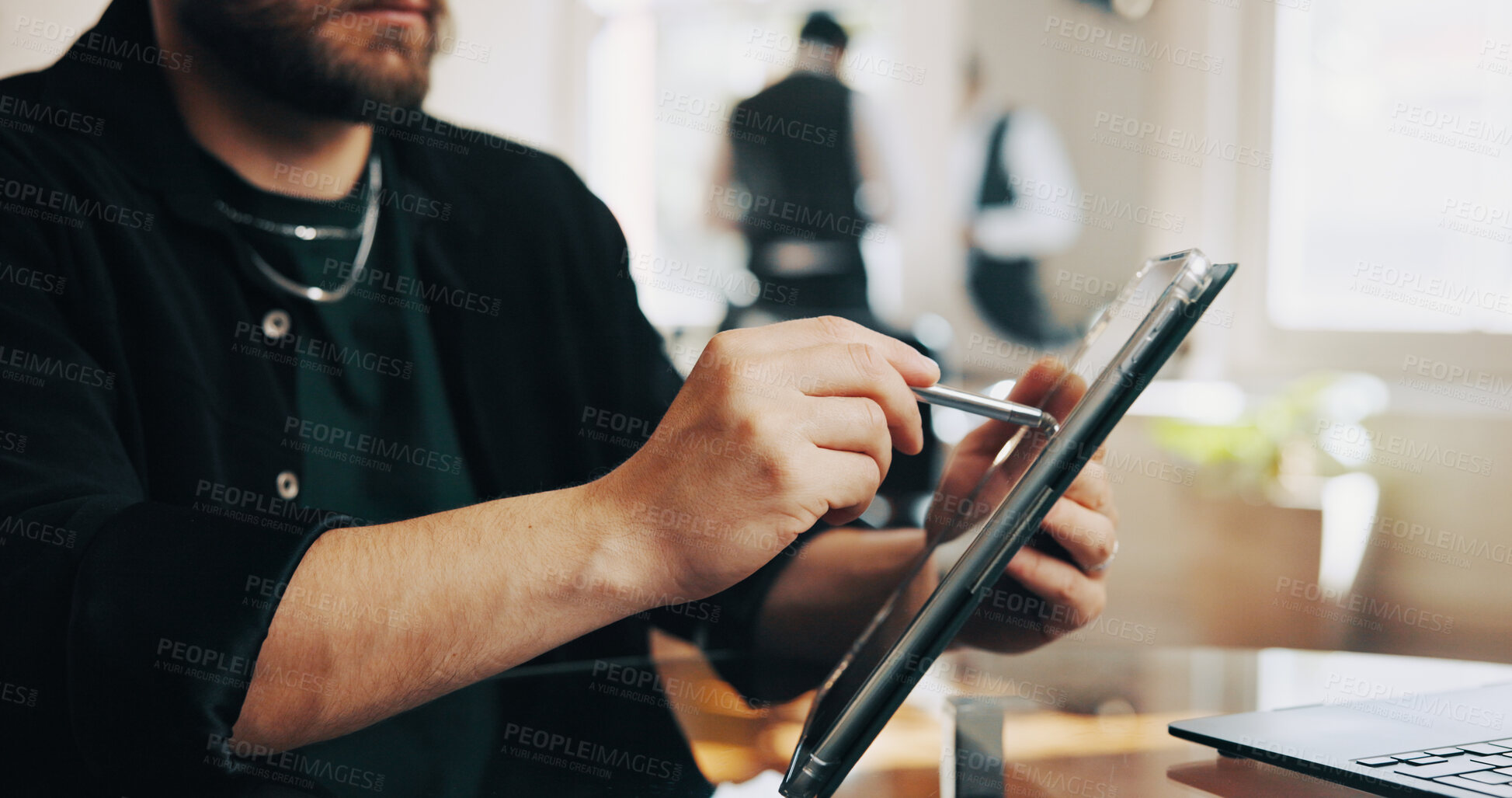 Buy stock photo Hairdresser, salon and hands of man on tablet for online inventory, client appointment and schedule. Hair stylist, stylus and person on tech for planning, calendar and website for booking service