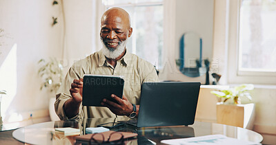 Buy stock photo Hairdresser, salon and black man on tablet for online inventory, appointment and schedule. Barber, happy and person on digital tech for planning, calendar and info on website for booking service