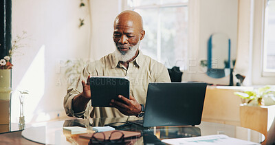 Buy stock photo Hairdresser, salon owner and black man on tablet for online inventory, appointment and schedule. Hair stylist, barber and mature person on tech for planning, calendar and website for client booking