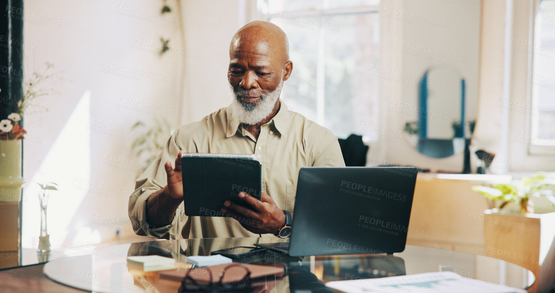 Buy stock photo Hairdresser, salon owner and black man on tablet for online inventory, appointment and schedule. Hair stylist, barber and mature person on tech for planning, calendar and website for client booking