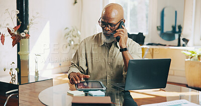 Buy stock photo Barber, phone call and man on tablet in salon for online inventory, appointment and schedule. Hairdresser, manager and person on computer for planning, calendar and client info for booking service