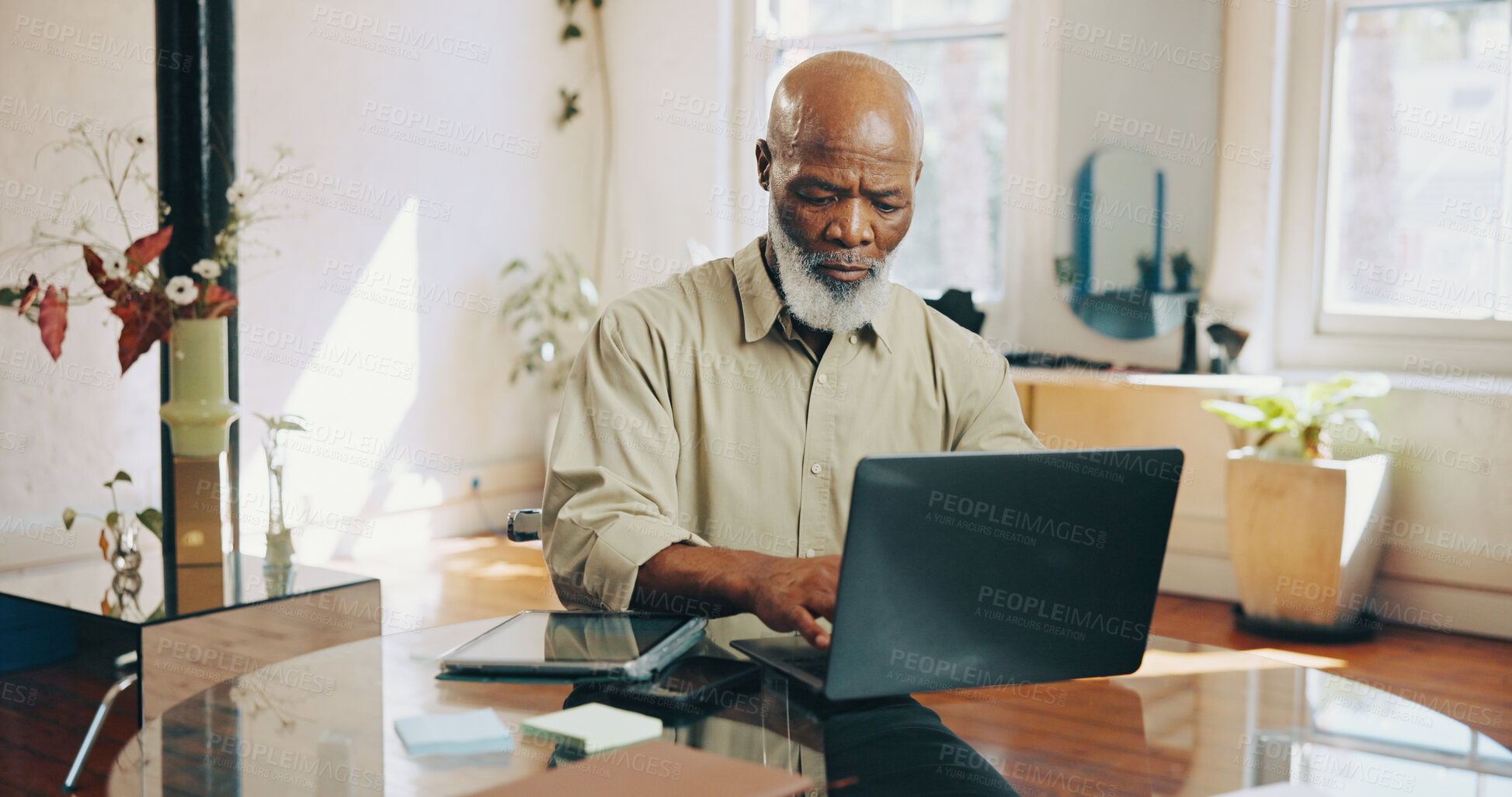 Buy stock photo Hairdresser, barber and black man on laptop for online inventory, appointment and schedule. Hair salon, typing and person on computer for planning, calendar and client info for booking service