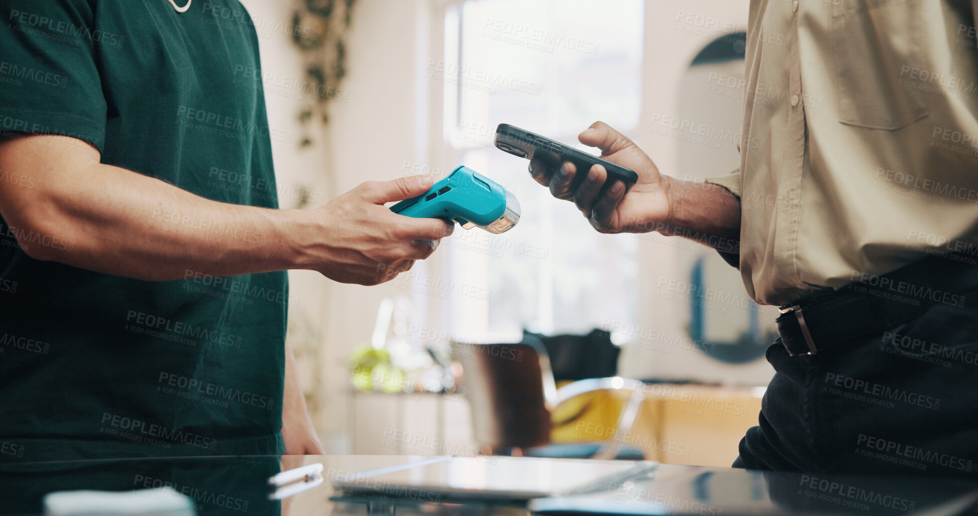 Buy stock photo People, hands and hairdresser with pos machine or phone for payment, banking or checkout in salon. Person, barber and customer with mobile smartphone for tap to pay or wireless transaction in parlor