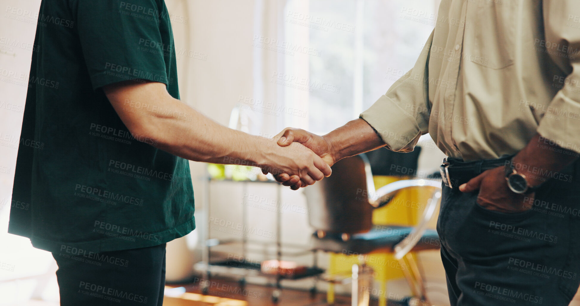 Buy stock photo People, customer and shaking hands with hairdresser for thank you, greeting or service in beauty parlor. Person, barber and handshake with client for haircut appointment, deal or agreement in salon