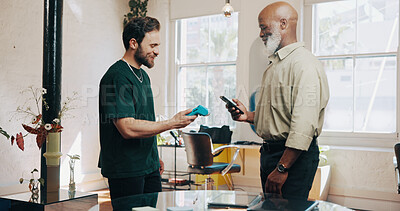 Buy stock photo Men, hairdresser or customer with pos machine or phone for payment, banking or checkout in salon. Male people, barber or client with mobile smartphone for tap to pay or wireless transaction in parlor