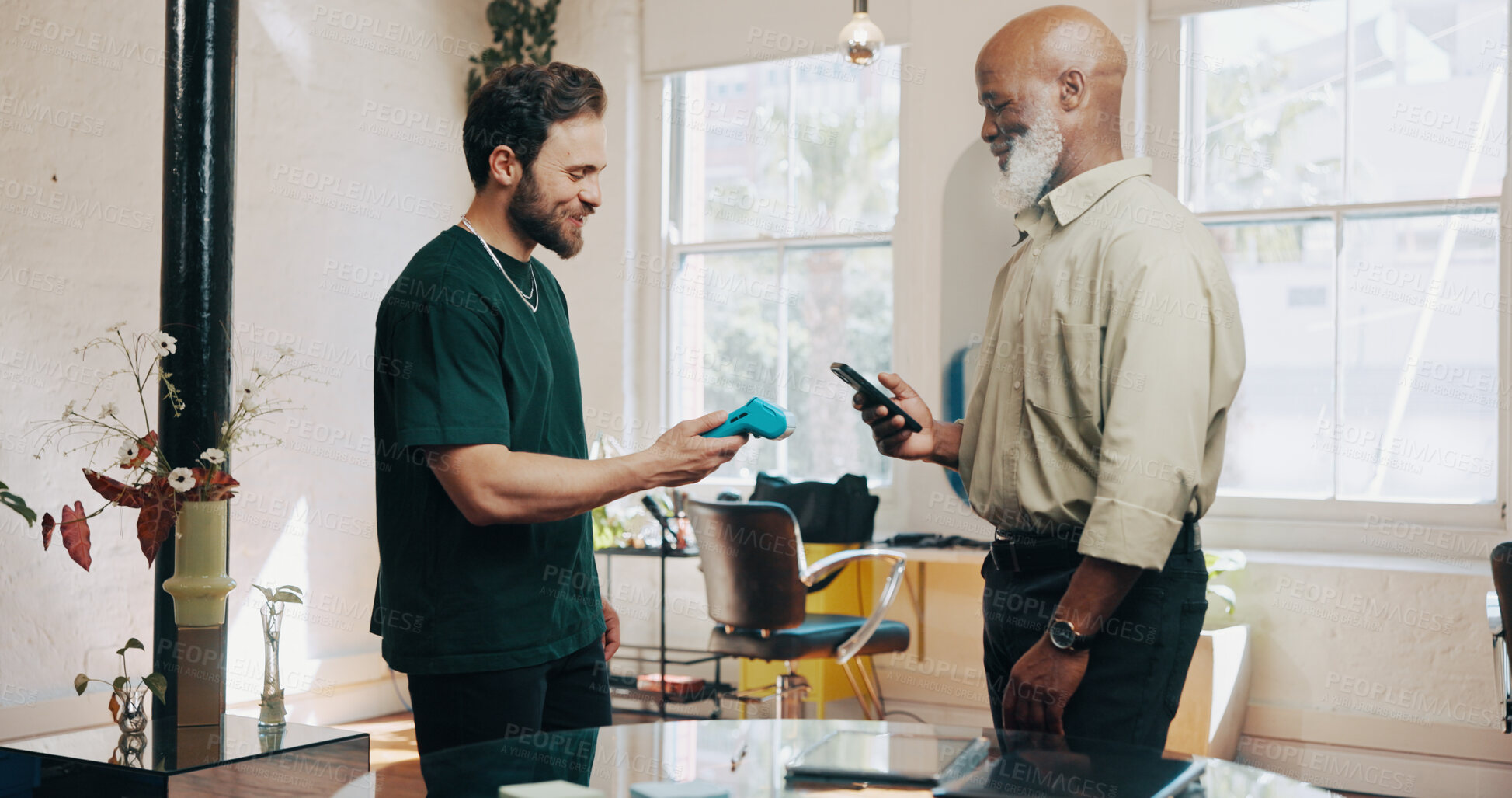 Buy stock photo Men, hairdresser or customer with pos machine or phone for payment, banking or checkout in salon. Male people, barber or client with mobile smartphone for tap to pay or wireless transaction in parlor