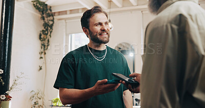 Buy stock photo Happy man, hairdresser or customer with pos machine or phone for payment or banking app in salon. Male people, barber or client with mobile smartphone for tap to pay or wireless transaction in parlor