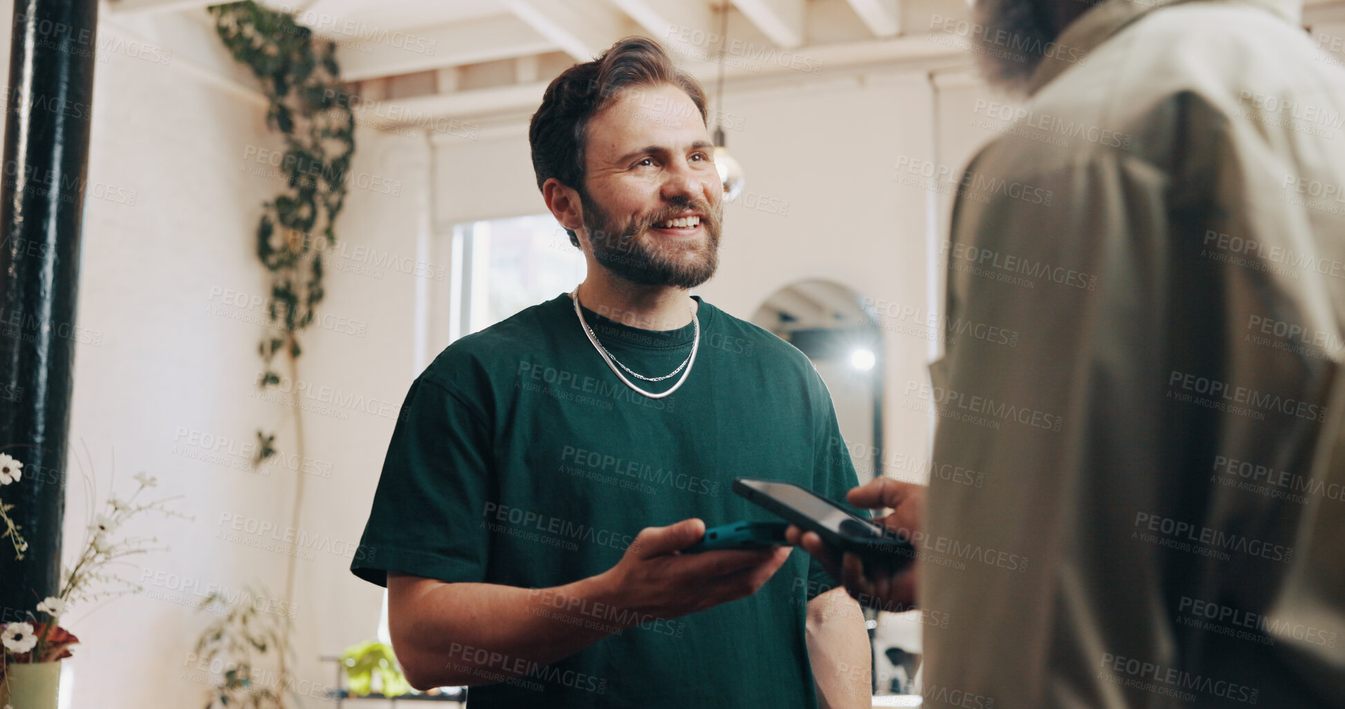 Buy stock photo Happy man, hairdresser or customer with pos machine or phone for payment or banking app in salon. Male people, barber or client with mobile smartphone for tap to pay or wireless transaction in parlor