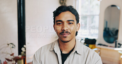 Buy stock photo Business, smile and portrait of barber in salon with confidence for cosmetology career with pride. Happy, service and male hairdresser with job development for cosmetics at beauty parlor in Mexico.