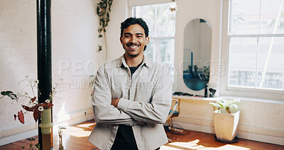 Buy stock photo Business, crossed arms and portrait of barber in salon with confidence for cosmetic career for pride. Happy, about us and male hairdresser with job development for service at beauty parlor in Mexico.
