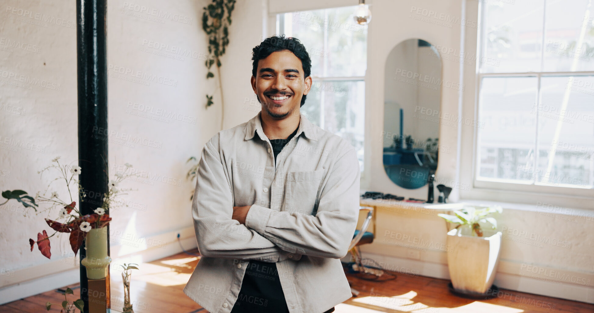 Buy stock photo Business, crossed arms and portrait of barber in salon with confidence for cosmetic career for pride. Happy, about us and male hairdresser with job development for service at beauty parlor in Mexico.