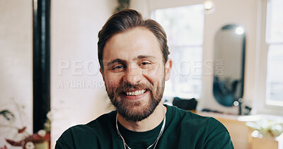 Buy stock photo Business, smile and portrait of barber in parlor with confidence for cosmetology career with pride. Happy, service and male hairdresser with job development for cosmetics at beauty salon in Germany.