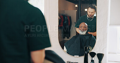 Buy stock photo Haircut, mirror and man in salon with preparation, cover or hair removal in small business. Grooming, reflection or hairdresser in studio with cape, trim routine or customer styling in beauty startup