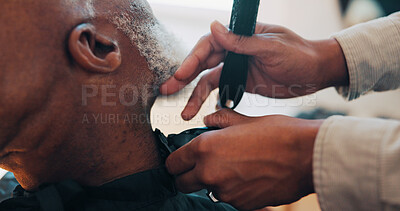 Buy stock photo Hands, barber and clippers for beard, trim and facial hair removal with grooming at small business. People, senior client and customer experience at shop, shaving or cutting for hairstyle at salon