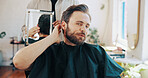 Man, hairdresser or portrait with mirror for haircut, grooming or style in beauty barbershop. Male person, client or customer with barber or reflection for hairstyle, fresh cut or new look in salon