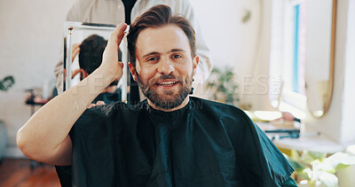 Buy stock photo Happy man, hairdresser or portrait with mirror for haircut, grooming or style in beauty barbershop. Male person, client or customer with barber or reflection for hairstyle, cut or new look in salon