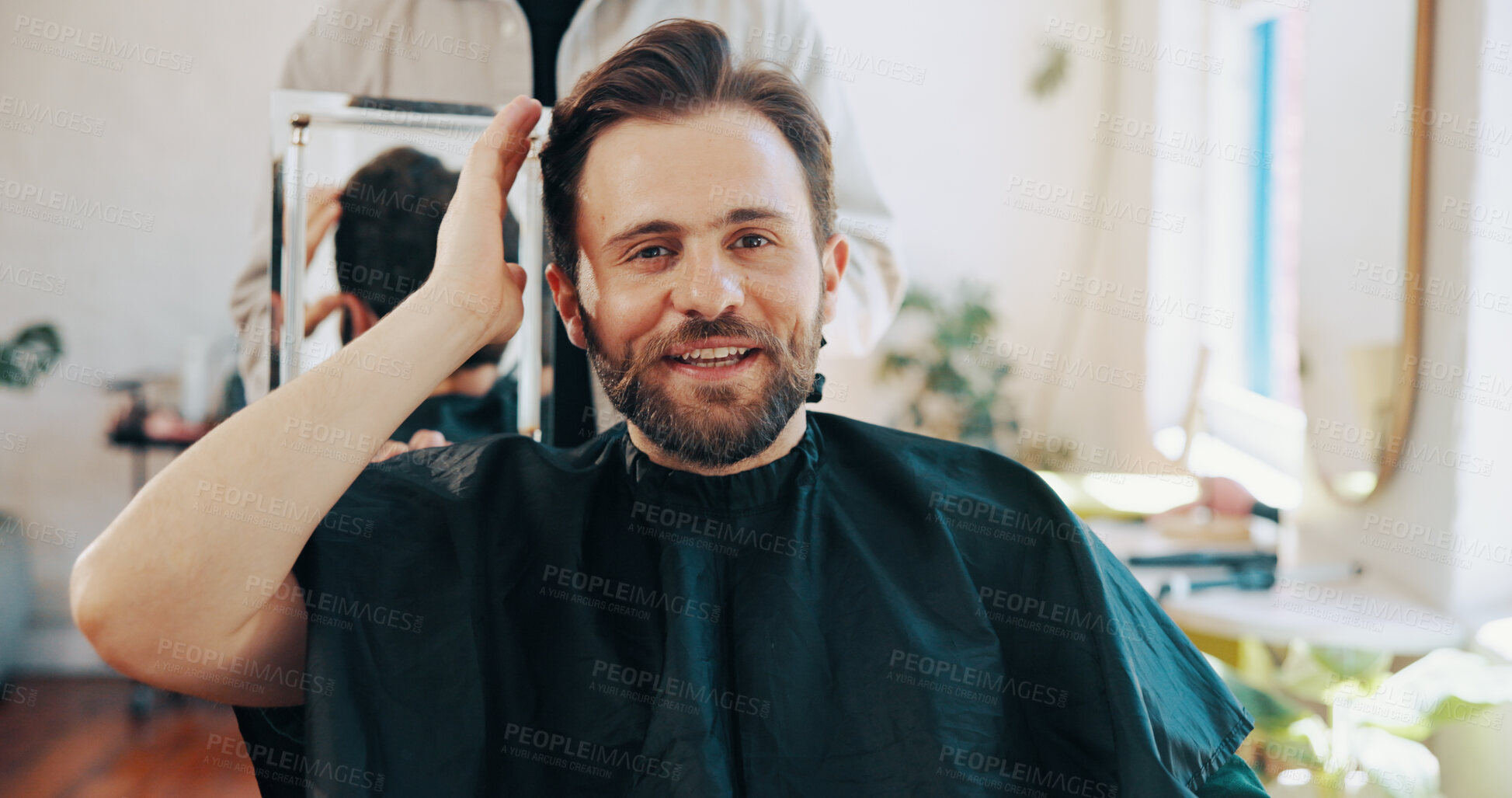 Buy stock photo Happy man, hairdresser or portrait with mirror for haircut, grooming or style in beauty barbershop. Male person, client or customer with barber or reflection for hairstyle, cut or new look in salon