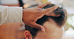 Barber, hand and customer with hair inspection for male pattern baldness, makeover and style tips. People, consultation or check receding hairline in salon for grooming service, advice or suggestion.